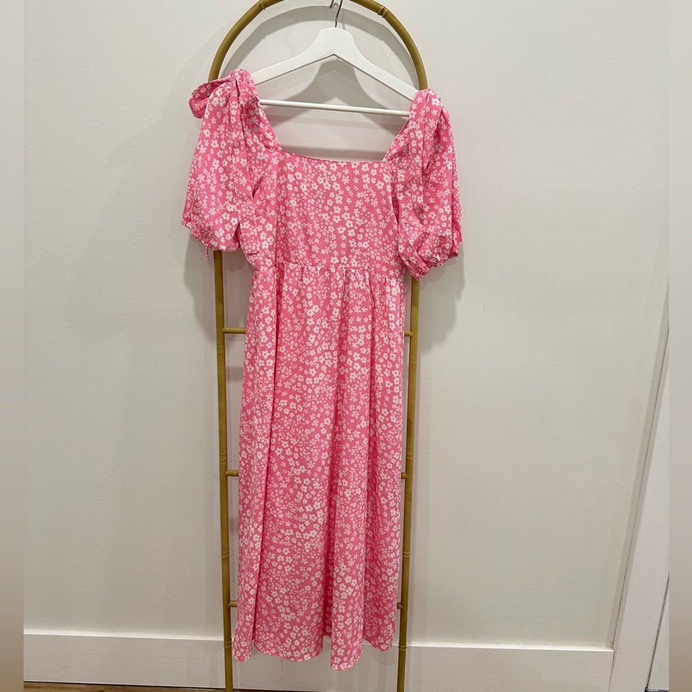 Pink floral midi dress.